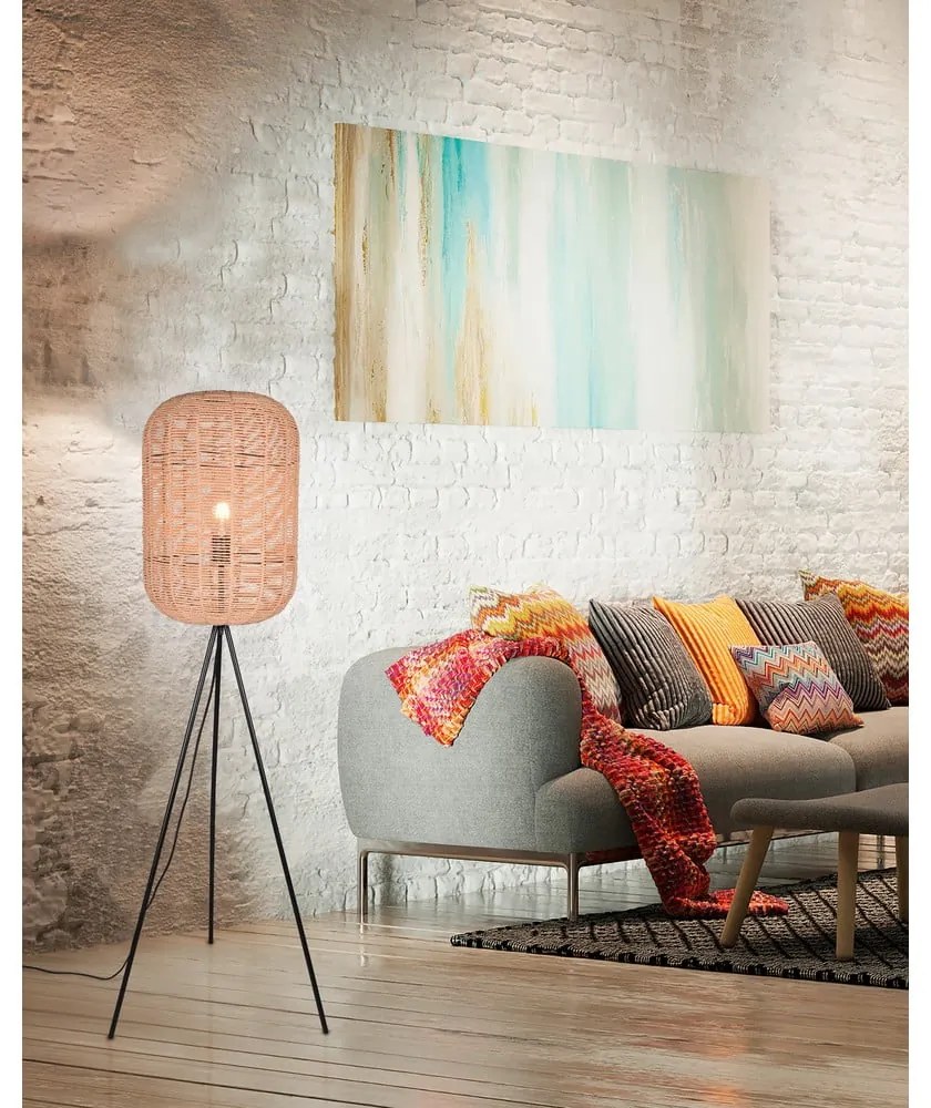 Бежова подова лампа с текстилен и плетен абажур (височина 150 cm) Runa – Trio