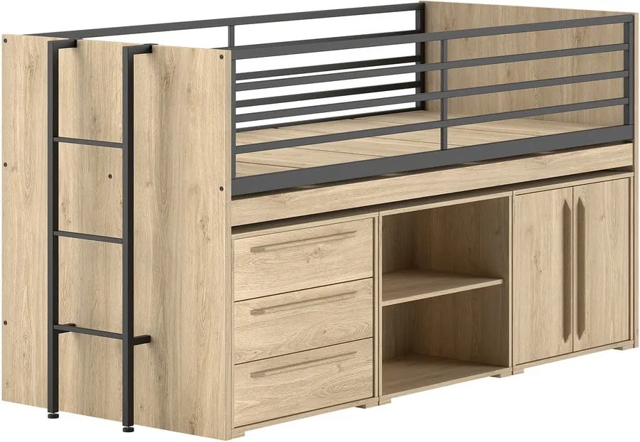 Повдигнато детско легло с място за съхранение и включена подматрачна рамка в естествен цвят 90x200 cm Sam – Vipack