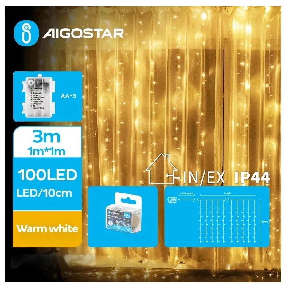 Aigostar - LED Екстериорни коледни лампички 100xLED/8 функции 3xAA 4x1 м IP44 топло бял