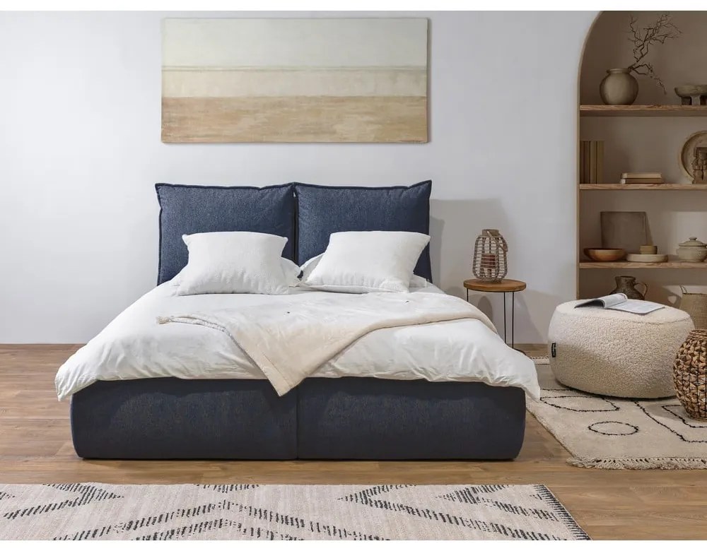 Тъмносиньо двойно тапицирано легло с място за съхранение с включена подматрачна рамка 180x200 cm Garance – Bobochic Paris