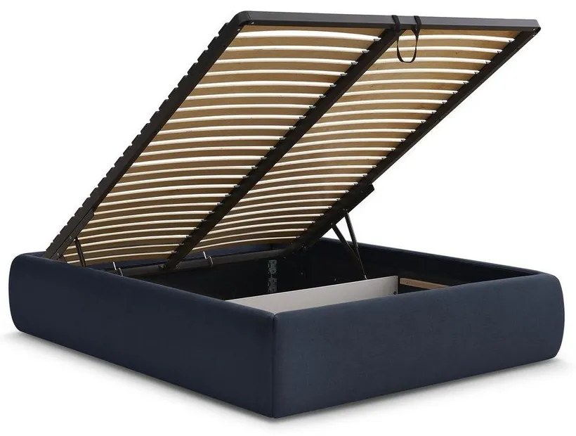 Тъмносиньо тапицирано двойно легло без табла с място за съхранение и включена подматрачна рамка 180x200 cm Inera – Bobochic Paris