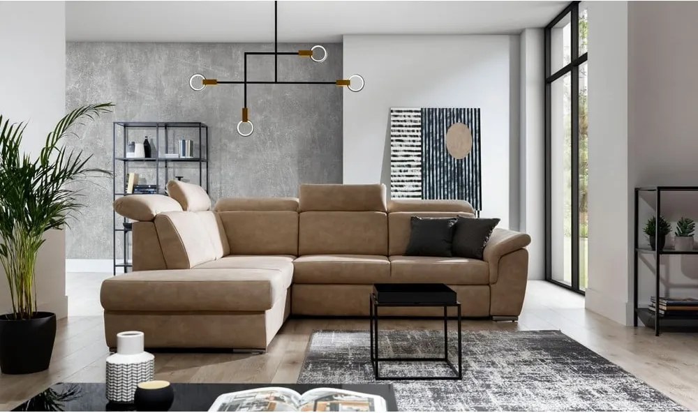 Бежов кадифен разтегателен ъглов диван с място за съхранение (ляв ъгъл L форма) Loreto – ELTAP