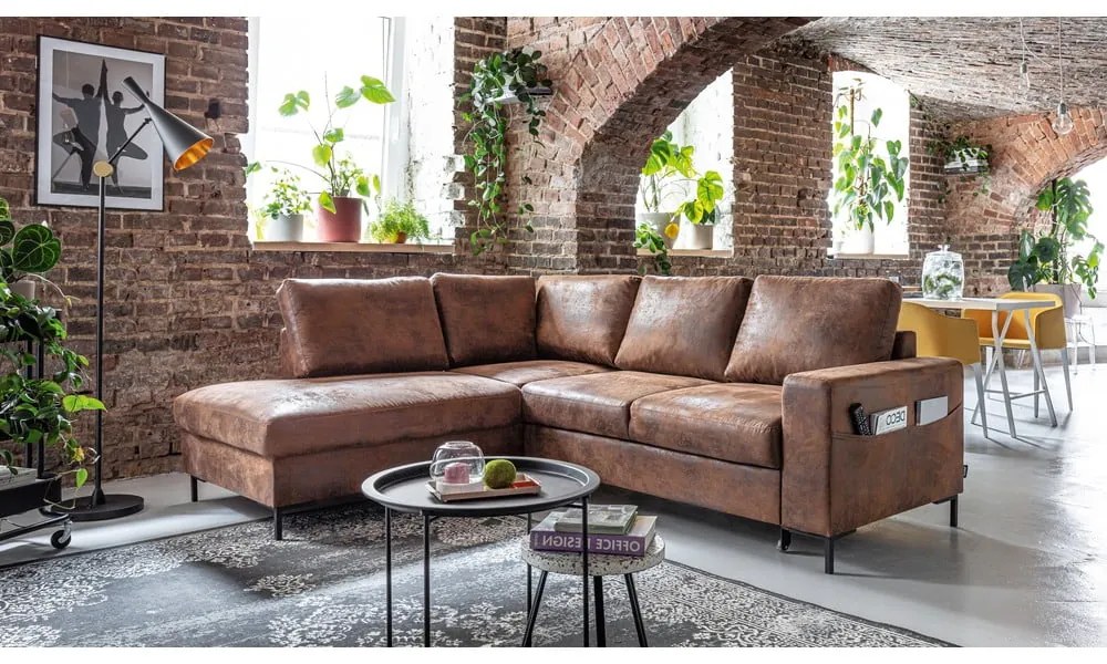 Кафяв разтегателен ъглов диван от изкуствена кожа (ляв ъгъл) Lofty Lilly – Miuform