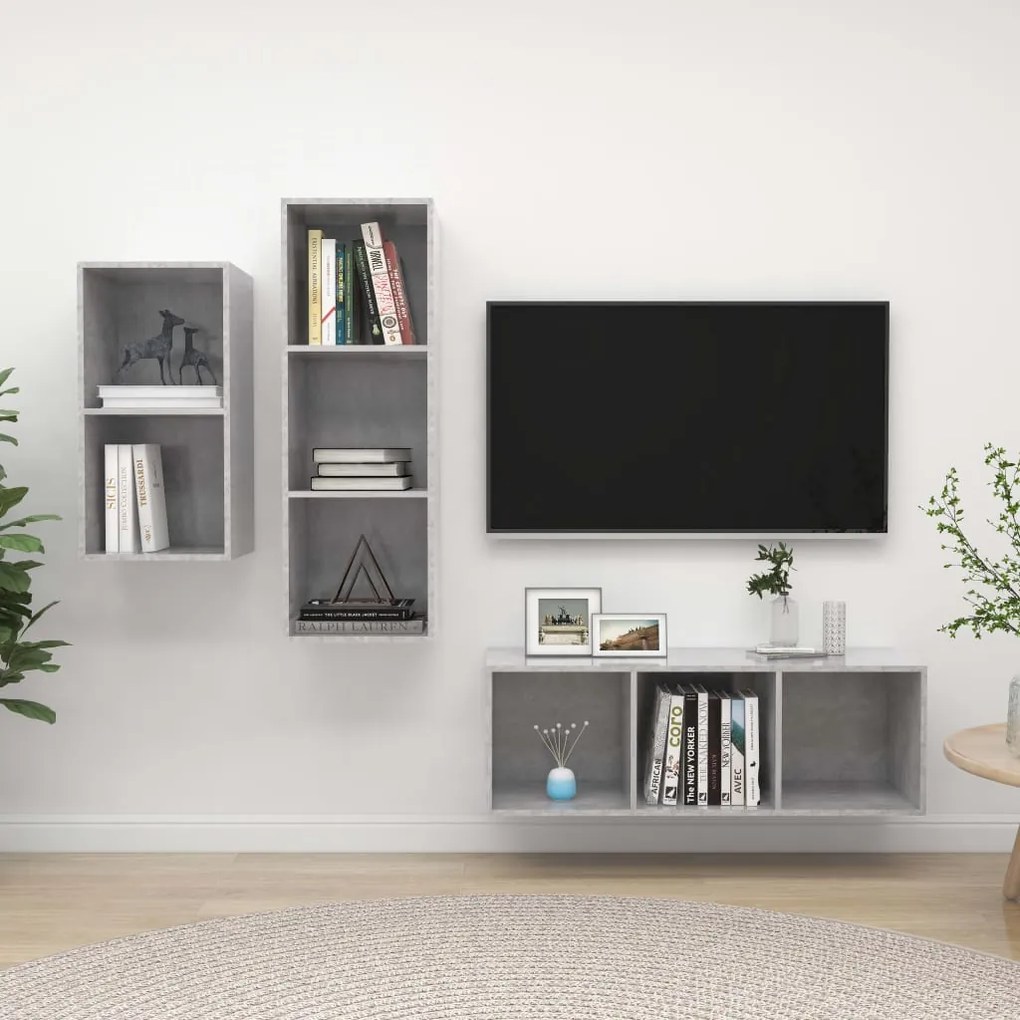 3079632 vidaXL Комплект ТВ шкафове от 3 части, бетонно сив, инженерно дърво