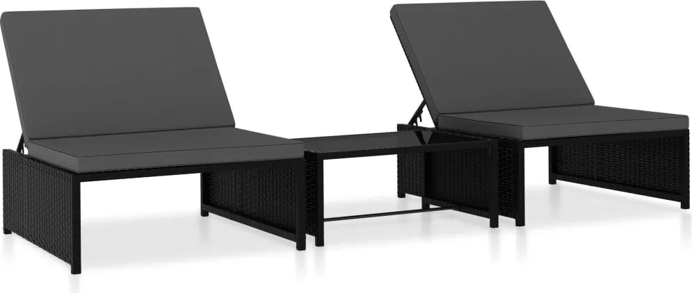 47402 vidaXL Накланящи се градински столове, 2 бр, с маса, черен, полиратан