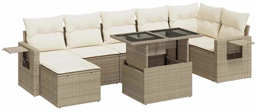 3326519 vidaXL Градински диван с възглавници, 8 части, бежов полиратан