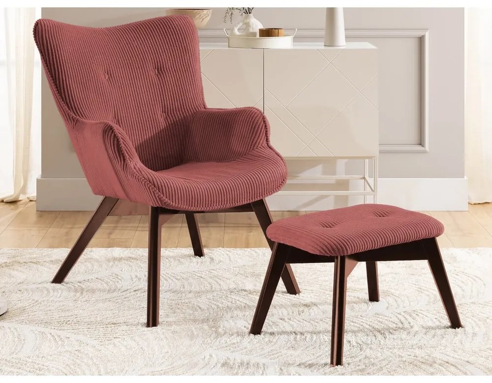 Червен фотьойл с табуретка от рипсено кадифе Niko – Ropez