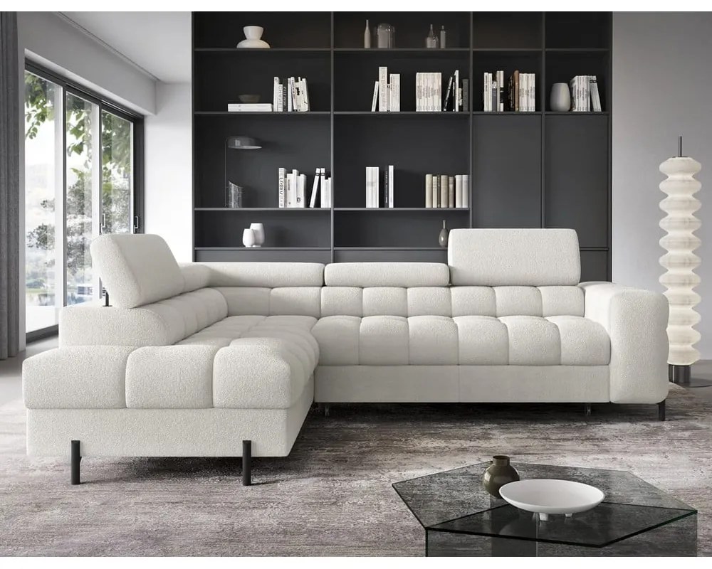 Кремав сгъваем/с място за съхранение ъглов диван от прежда с примки от букле (ляв ъгъл/L форма) Ferucce – ELTAP