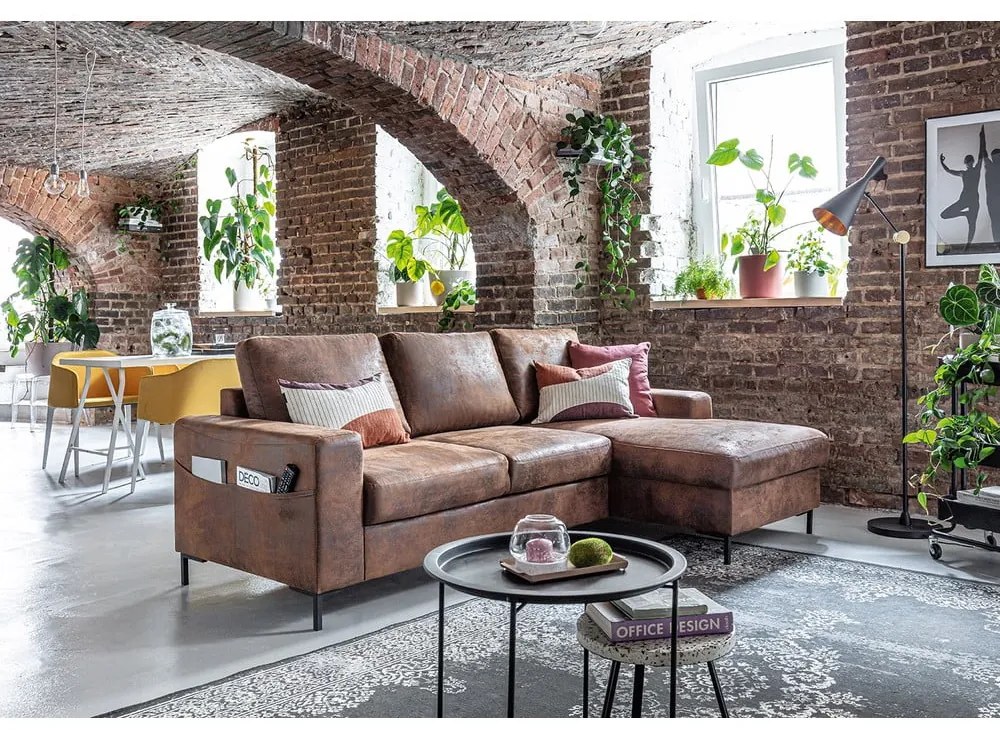Винтидж кафяв кожен разтегателен диван, десен ъгъл Lofty Lilly - Miuform