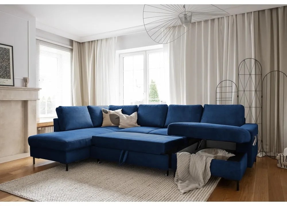 Тъмносин разтегателен ъглов диван от рипсено кадифе (ляв ъгъл) Lofty Lilly – Miuform