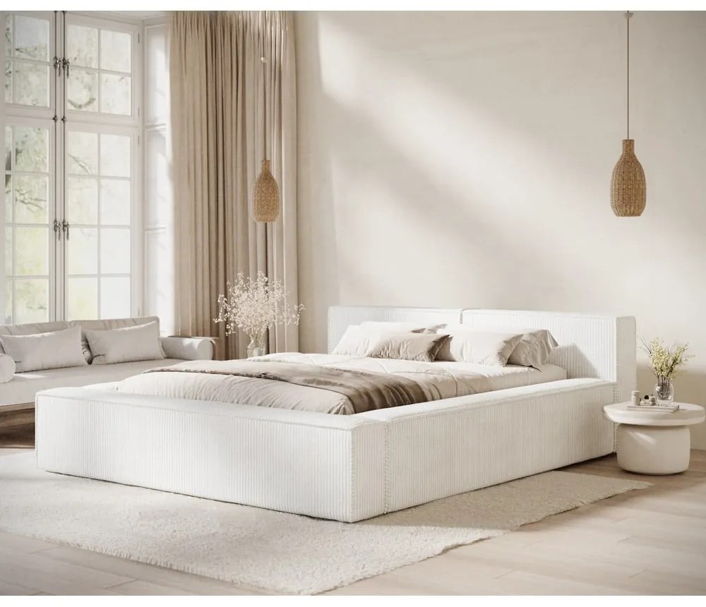 Кремаво двойно легло 200x200 cm тапицирано с място за съхранение с включена подматрачна рамка Voliera – Maison de Rêve