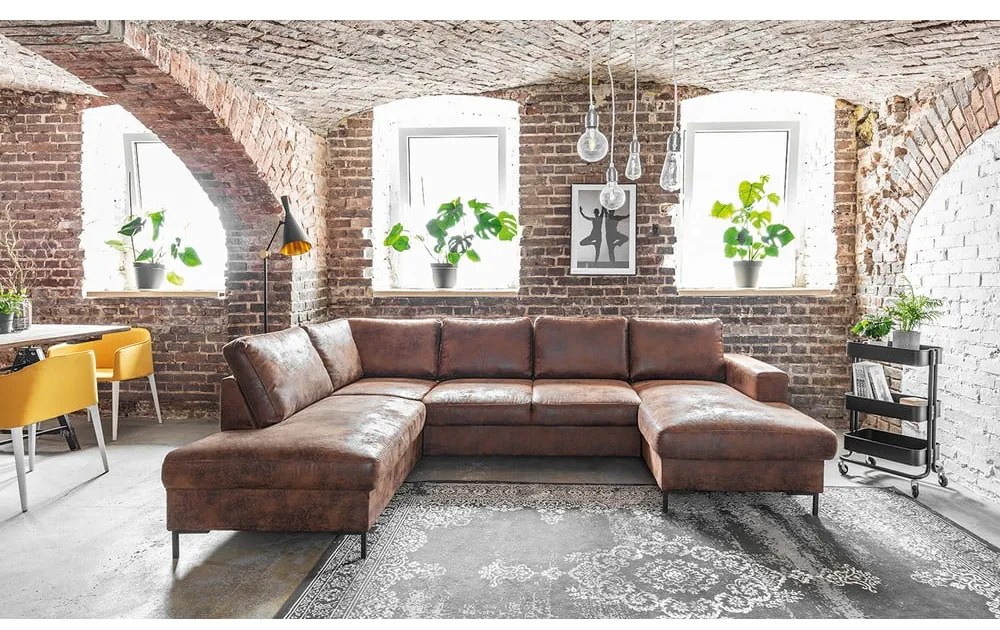 Кафяв U-образен разтегателен диван с имитация на кожа Vintage, ляв ъгъл Lofty Lilly - Miuform