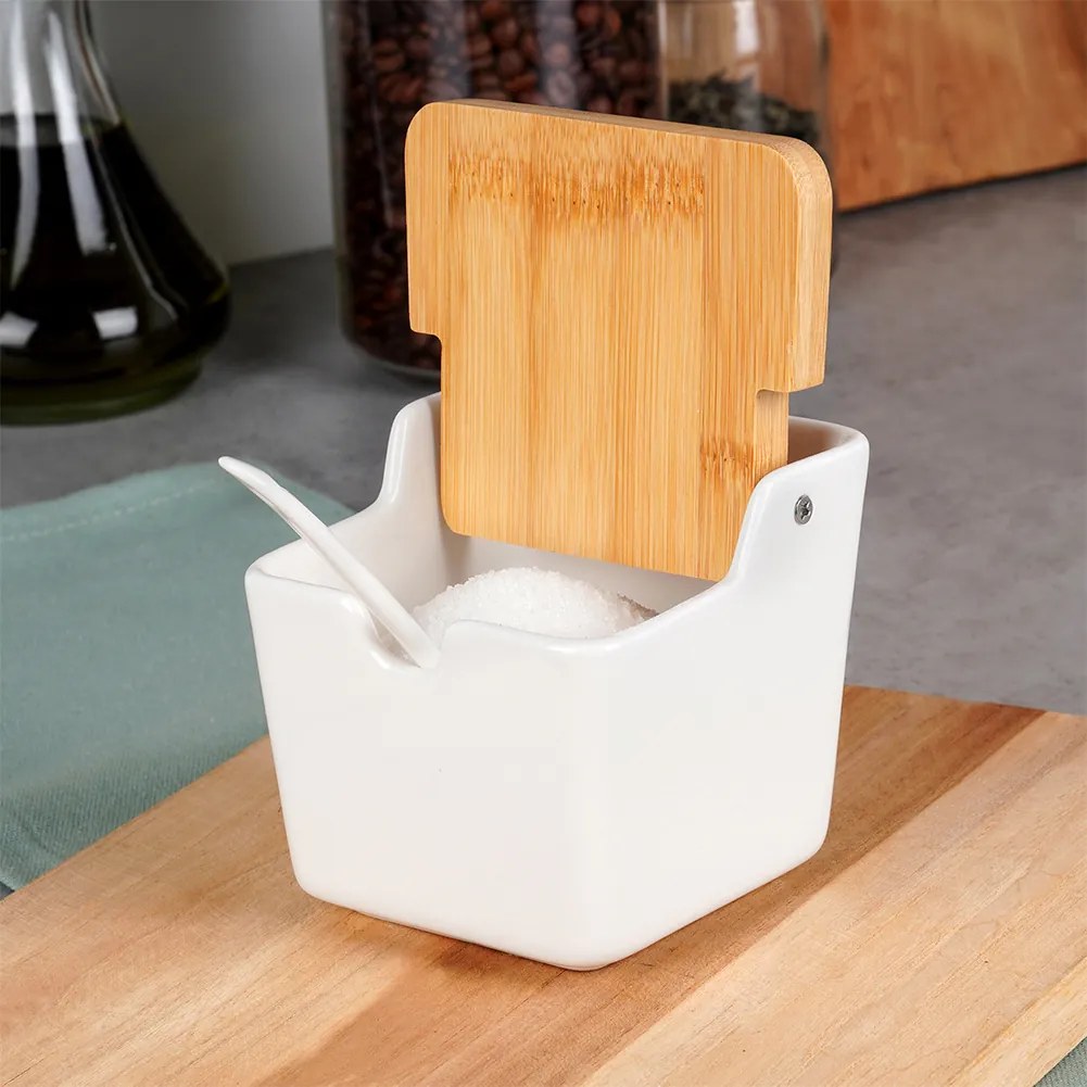 Керамична захарница с  бамбуков капак и лъжичка 250 ml