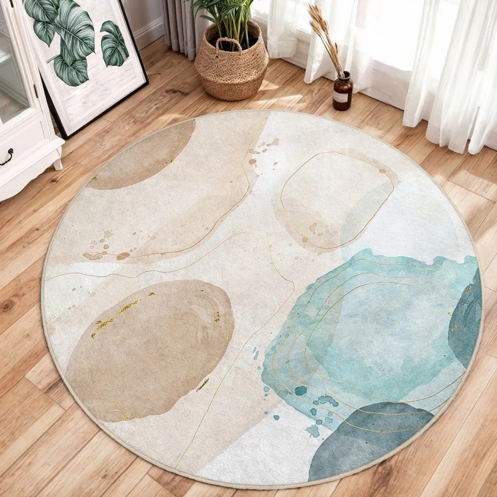 Синьо-бежов кръгъл килим подходящ за пране ø 100 cm Puddle – Mila Home