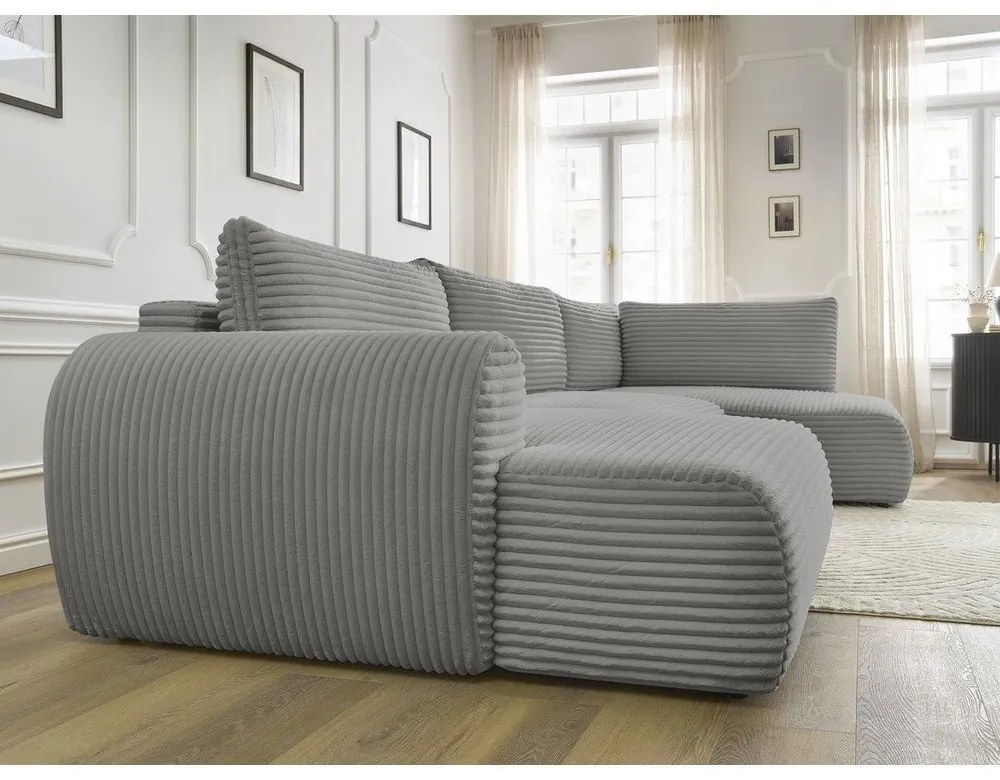 Тъмносив сгъваем/с място за съхранение ъглов диван от рипсено кадифе (десен ъгъл/U форма) Lucien – Bobochic Paris