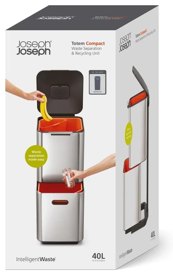 Сива стоманена кофа за боклук 40 л Totem Compact - Joseph Joseph