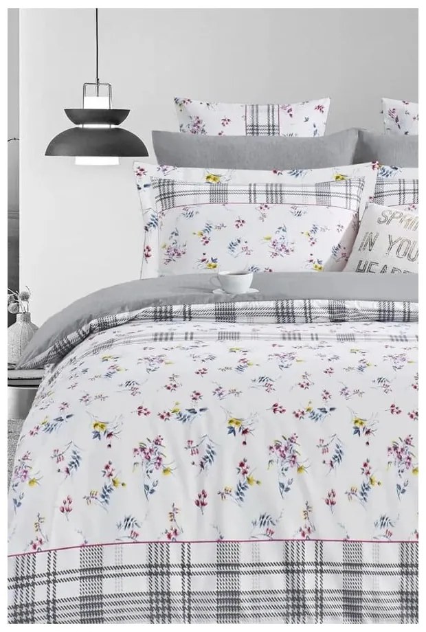 Бяло сиво двойно удължено спално бельо от памук Renforcé с включен долен чаршаф 4 части 200x220 cm – Mila Home