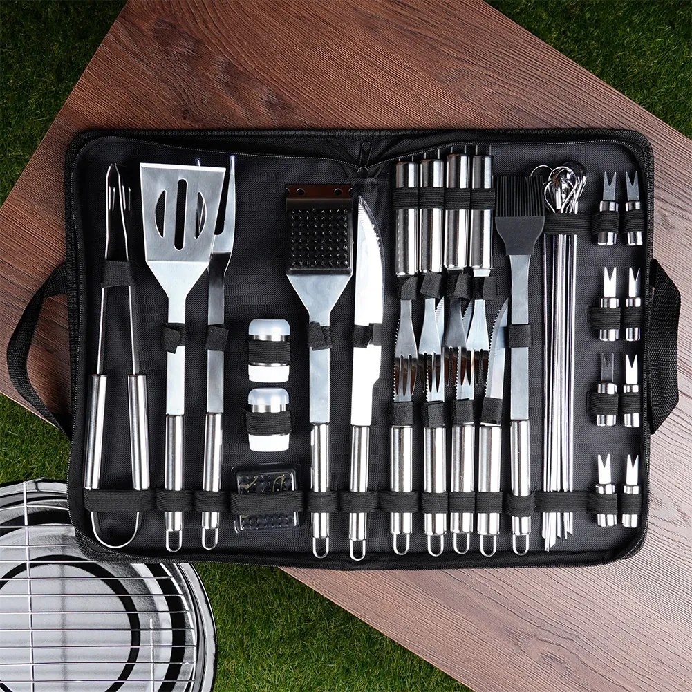 Комплект аксесоари за барбекю в калъф, 33 части от неръждаема стомана
