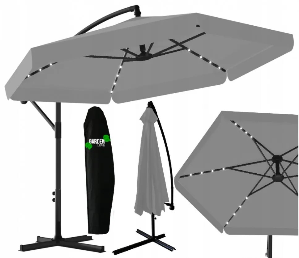 Сив градински чадър с LED светлина 3 м