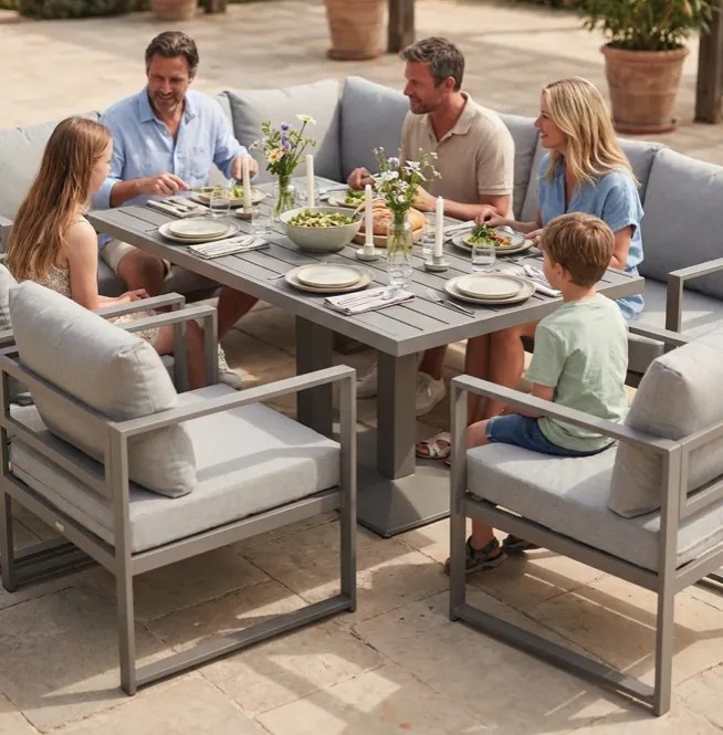 Голям ъглов комплект с фотьойли и регулируема маса XL-NM-2006 - сив + бежови възглавници