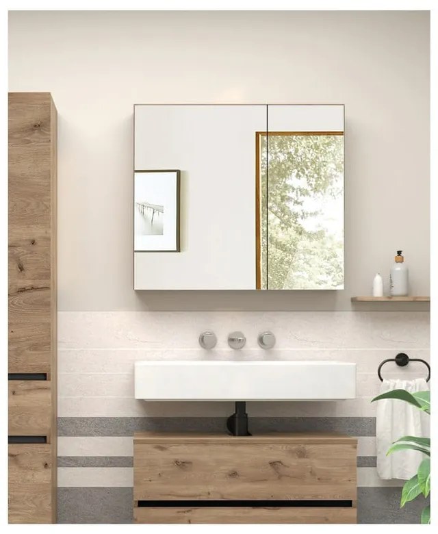 Стенен шкаф за баня с огледало от декор от дъб в естествен цвят 80x70 cm Wisla – Støraa