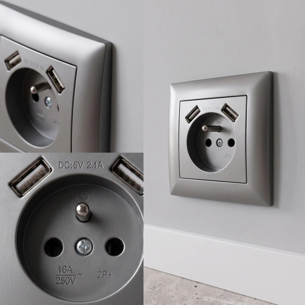 Единичен контакт със заземяване + 2x USB-A OSTE JNH003-G Grey
