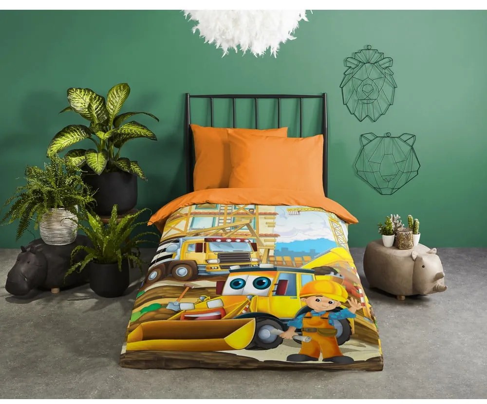 Оранжево единично памучно детско спално бельо 140x200 cm Building – Good Morning