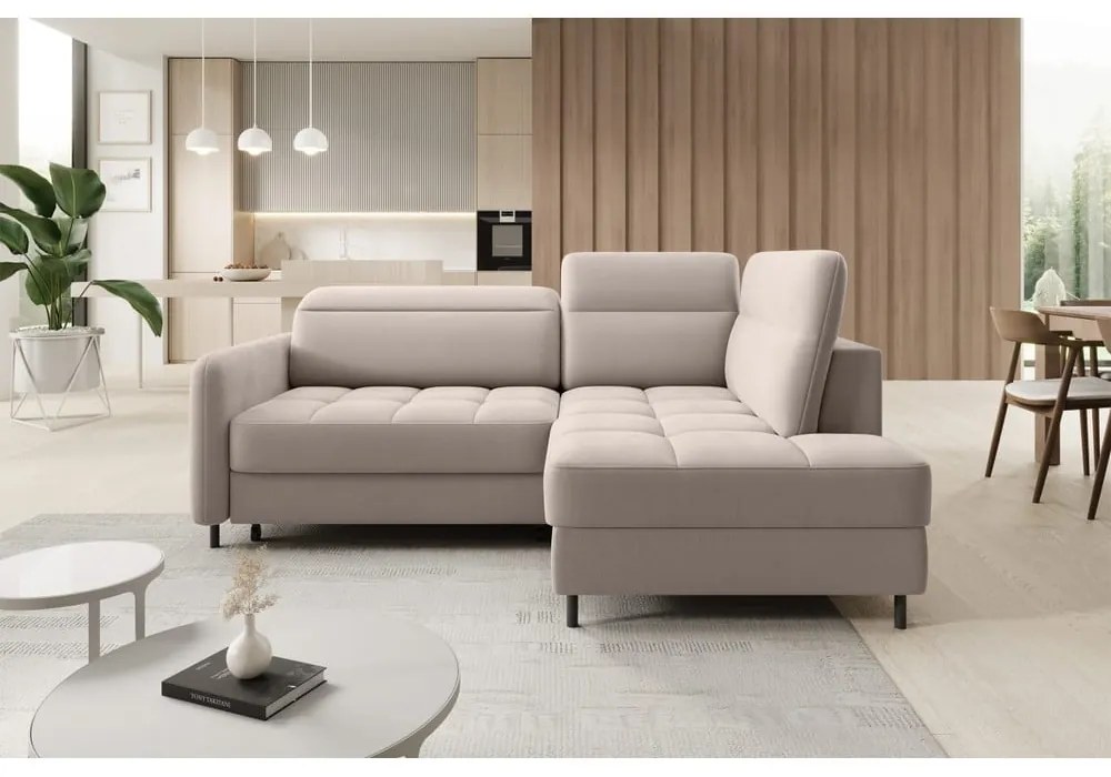 Светлокафяв кадифен разтегателен ъглов диван с място за съхранение (десен ъгъл L форма) Barea – ELTAP