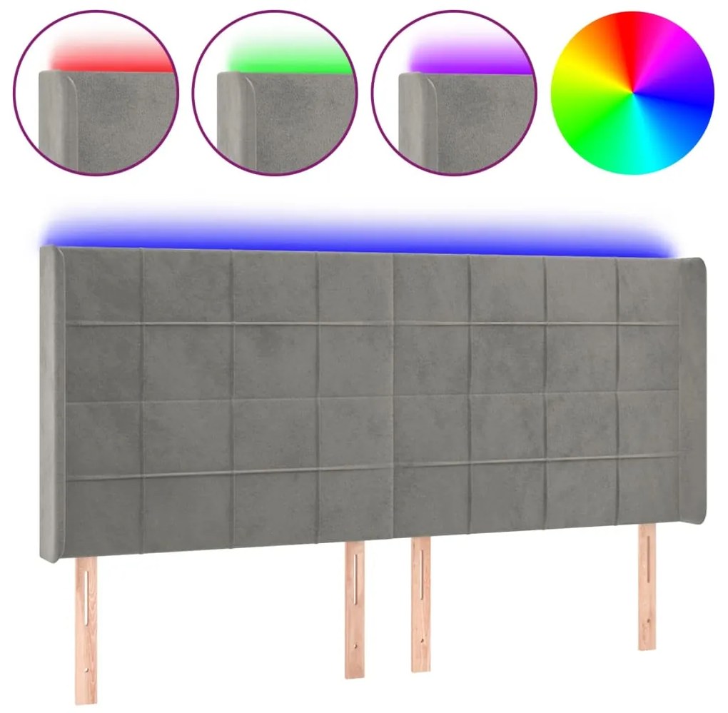 3124108 vidaXL LED горна табла за легло, светлосива, 183x16x118/128 см, кадифе