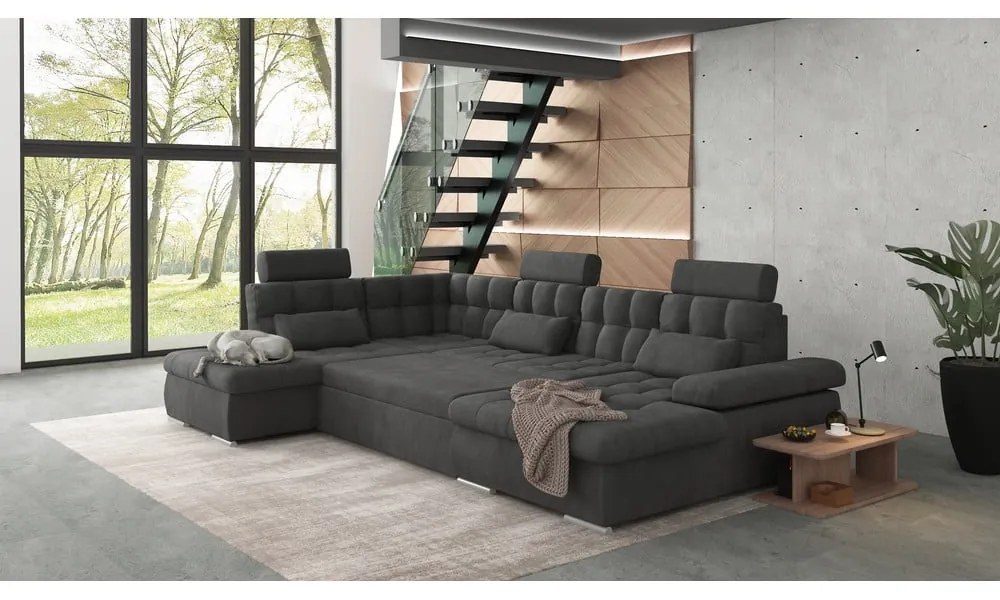 Антрацитен разтегателен ъглов диван с място за съхранение (ляв ъгъл/U форма) Merkur – Ropez