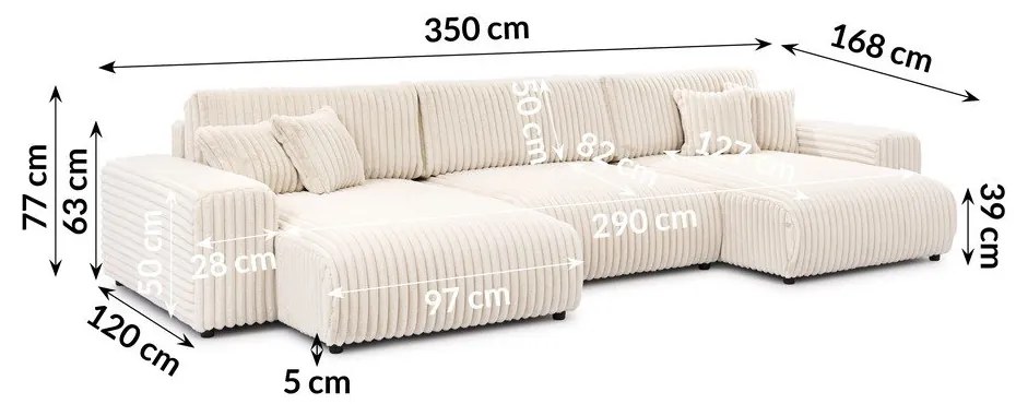 Кремав разтегателен ъглов диван с място за съхранение от рипсено кадифе (U форма) Sarina – Ropez