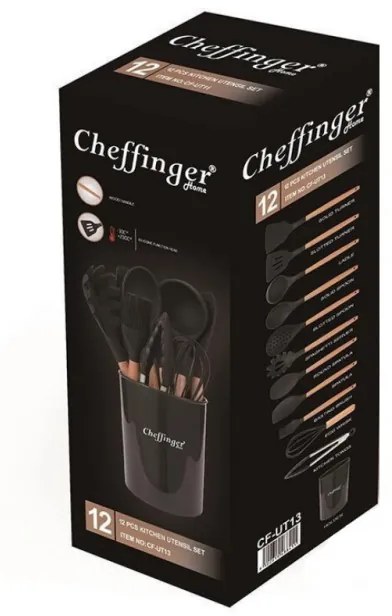 Комплект кухненски прибори на стойка Cheffinger UT10, 10 ч, Силикон и бамбук, Черен