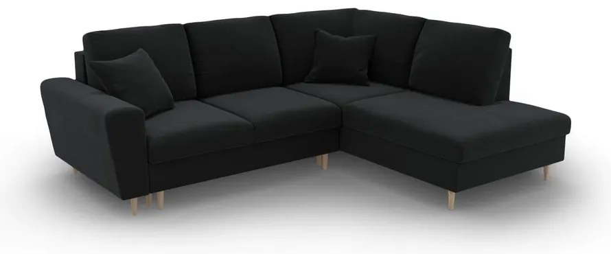 Черен кадифен разтегателен ъглов диван с място за съхранение (десен ъгъл/L форма) Kyoto – Cosmopolitan Design