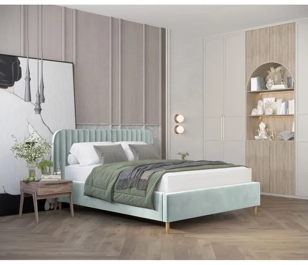 Тапицирано двойно легло с място за съхранение с включена подматрачна рамка в цвят мента 160x200 cm Noto – Maison de Rêve