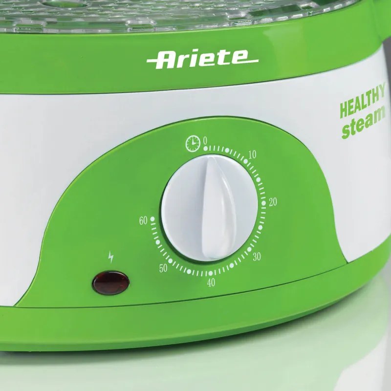 Уред за готвене на пара Ariete HEALTHY STEAM 0911/01, 800W, 9 л, 3 кошници, Таймер, Външно пълнене, Бял/зелен