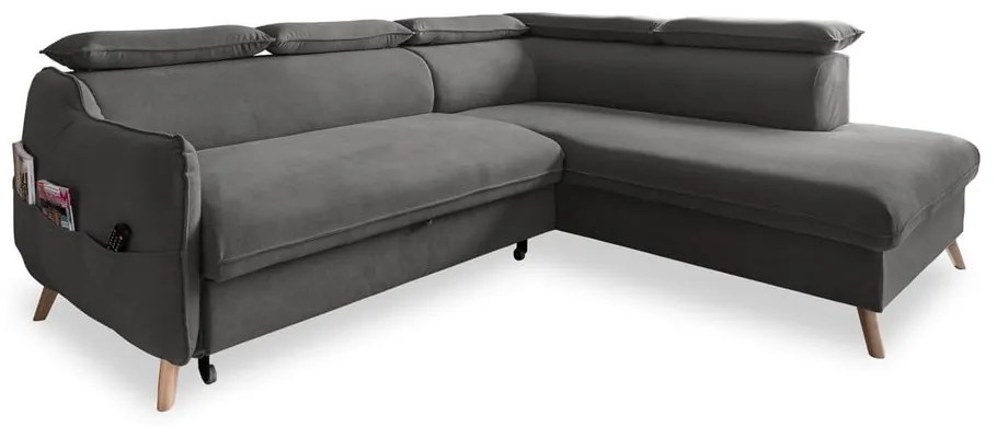 Тъмносив ъглов разтегателен диван от кадифе (десен ъгъл) Sweet Harmony - Miuform