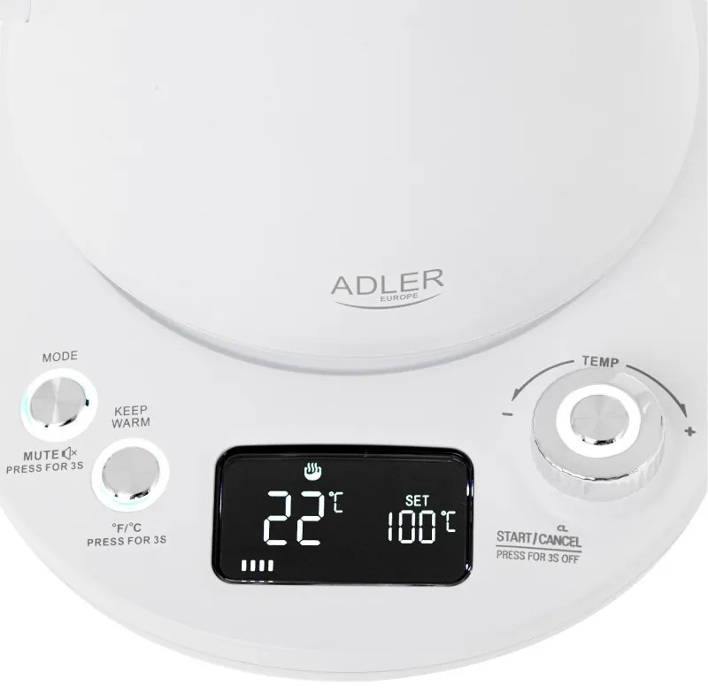 Електрическа кана Adler AD 1349W, 1100W, 1 л, 40-100 C, Поддържане на топлината, LED дисплей, Бял