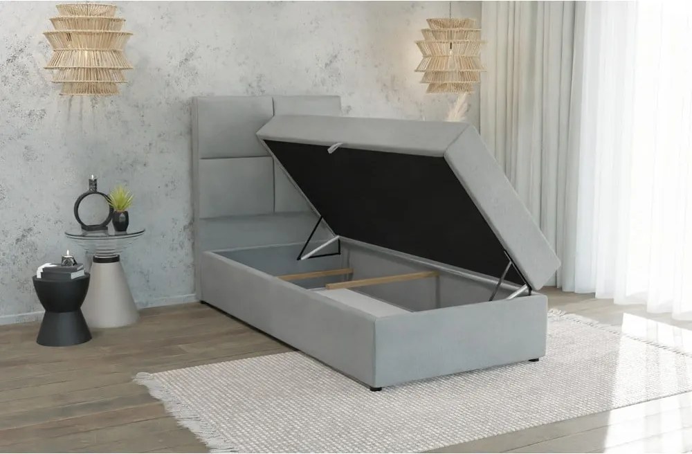 Светлосиво единично тапицирано легло с място за съхранение с включена подматрачна рамка 100x200 cm Lena – Ropez