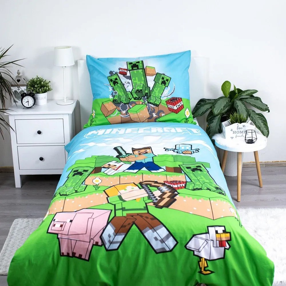Зелено-синьо единично памучно детско спално бельо 140x200 cm Minecraft "Outdoor Mobs" – Jerry Fabrics