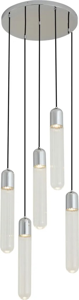 Design hanglamp chroom met ribbelglas 5-lichts - Walcott
