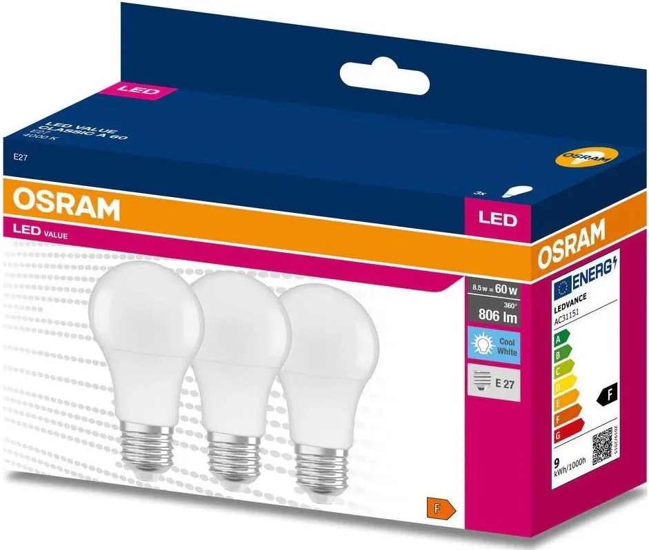Комплект 3x LED крушки A60 E27/8,5W/230V 6500K - Osram