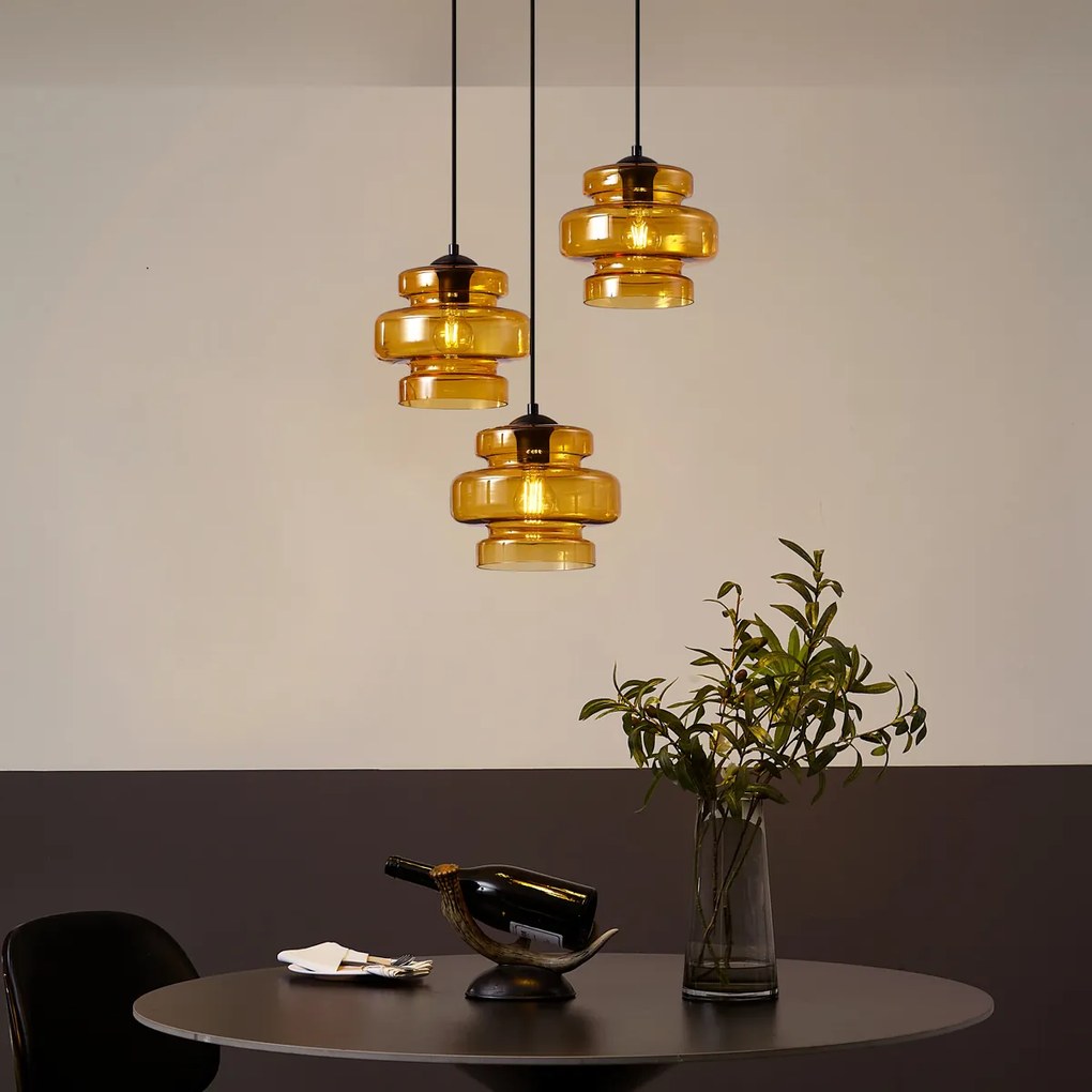 Ретро висяща лампа черна с оранжево стъкло 3 светлини - Denise