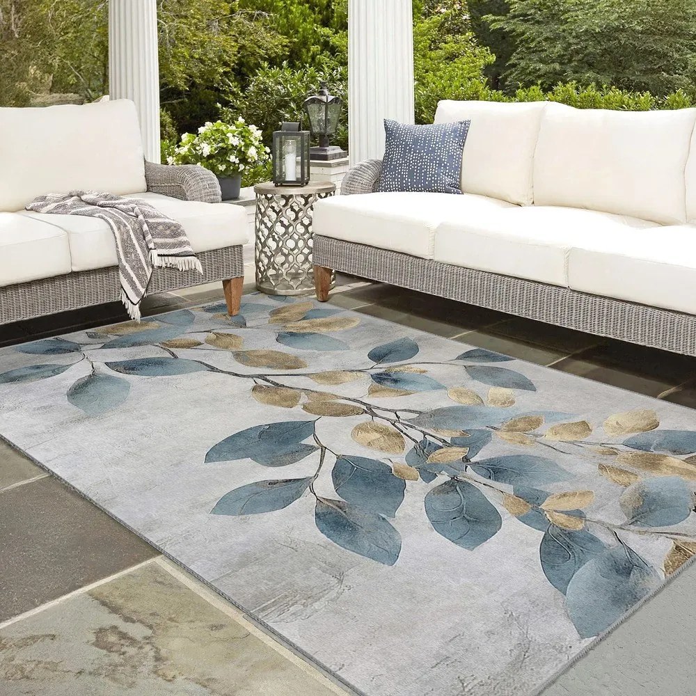 Светлосиньо-златист килим подходящ за пране 120x180 cm Golden Leaves – Mila Home