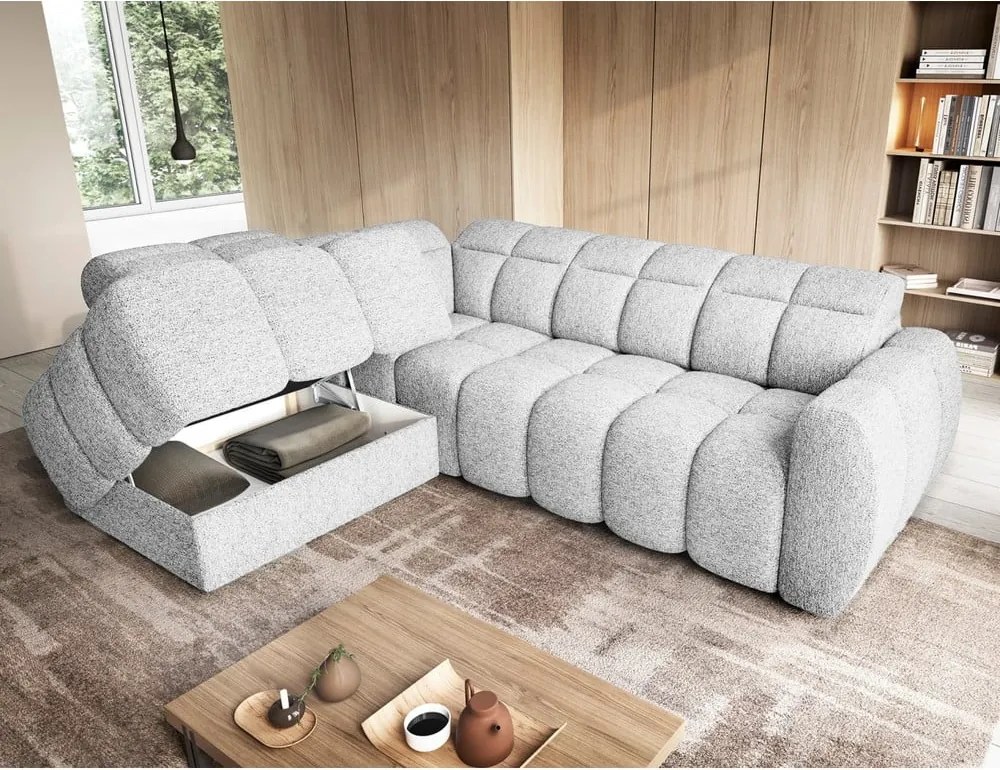 Светлосив разтегателен ъглов диван с място за съхранение от букле (ляв ъгъл L форма) Falconn – ELTAP