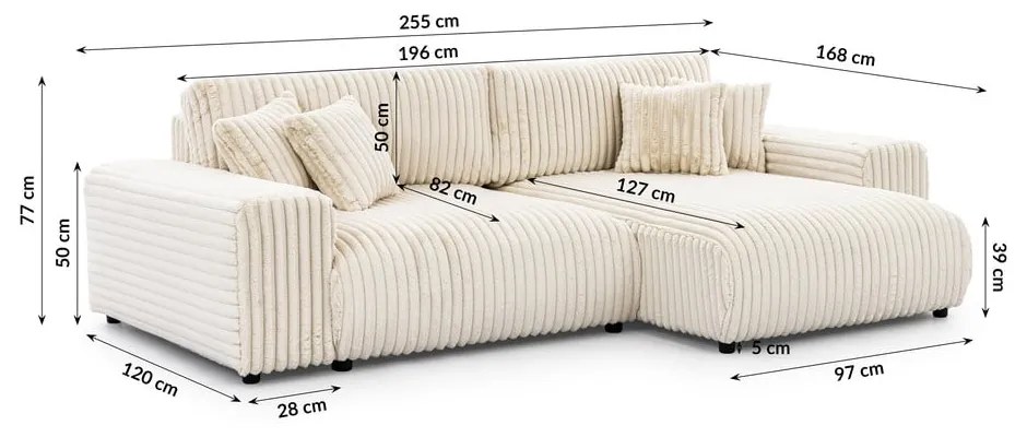 Кремав разтегателен ъглов диван от рипсено кадифе с място за съхранение (десен ъгъл) Sarina – Ropez