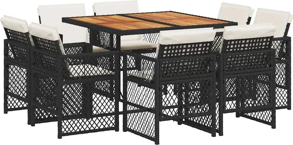 3210843 vidaXL Градински трапезен комплект възглавници 9 части черен полиратан