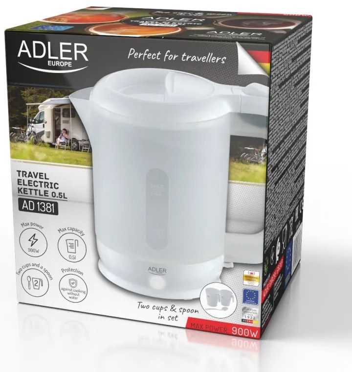 Електрическа кана Adler AD 1381, 900W, 0.5 л, 2 чаши и лъжичка, Защита от работа вода, Бял