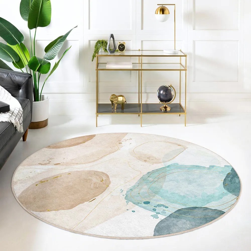 Синьо-бежов кръгъл килим подходящ за пране ø 100 cm Puddle – Mila Home