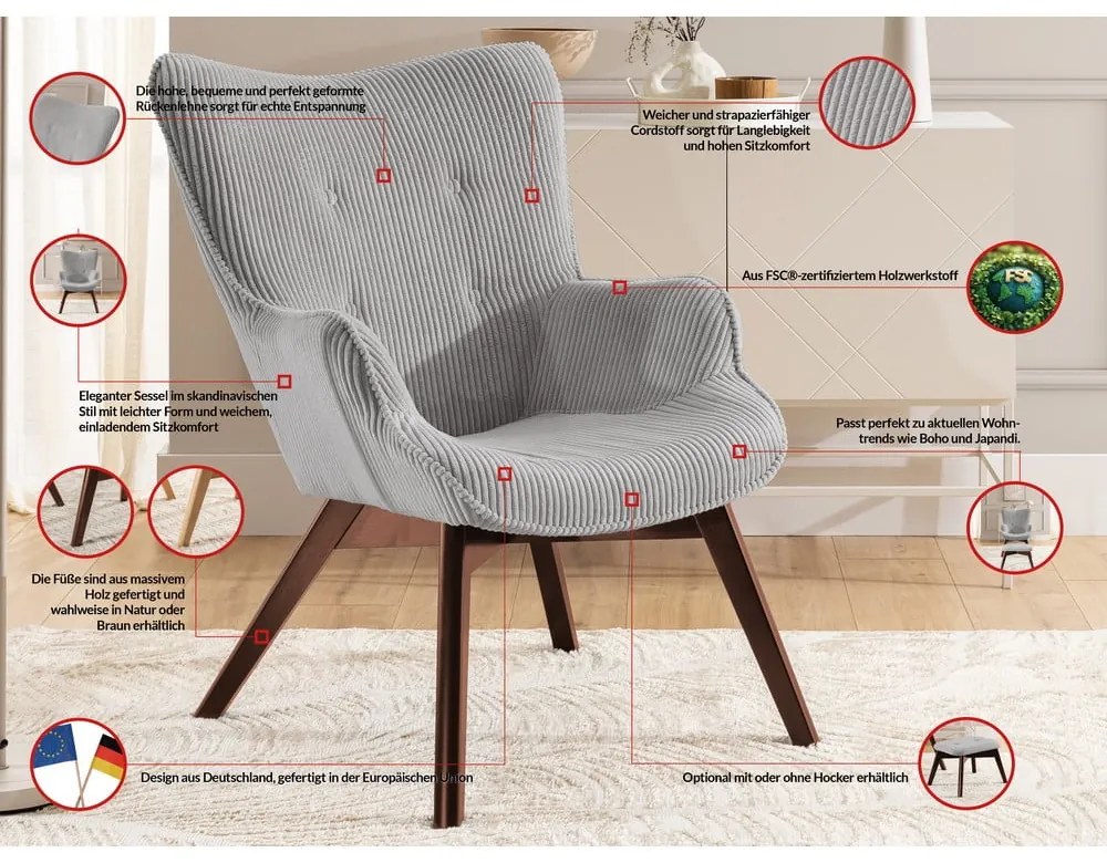 Сив фотьойл с табуретка от рипсено кадифе Niko – Ropez