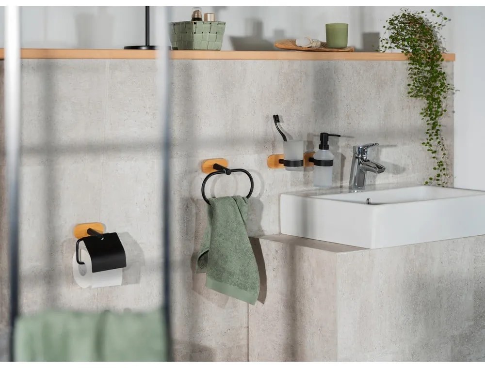 Черно-естествена самозалепващ стъклен диспенсер за сапун 300 ml Orea Bamboo – Wenko